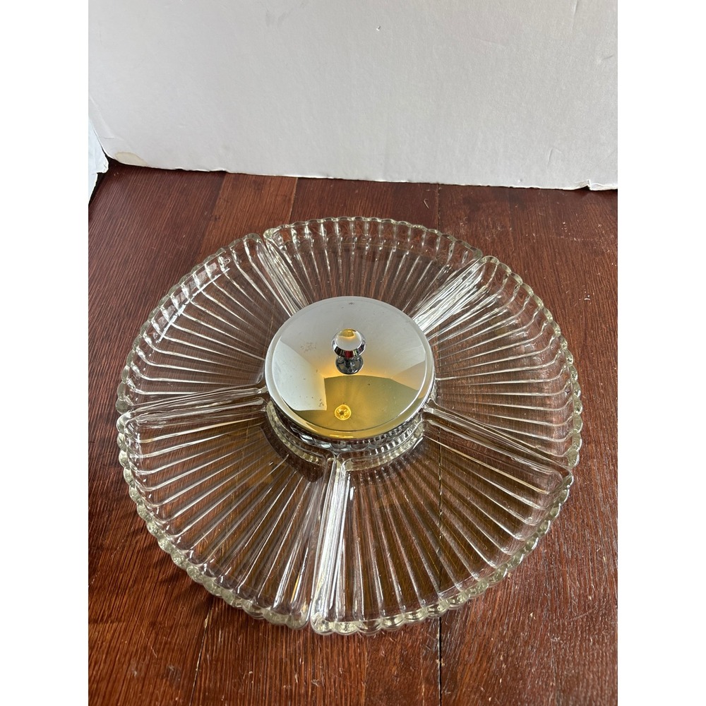 Vintage Clear Ribbed Glass 6 Piece Relish Tray Set with Chrome‎ Lid Serving Dish